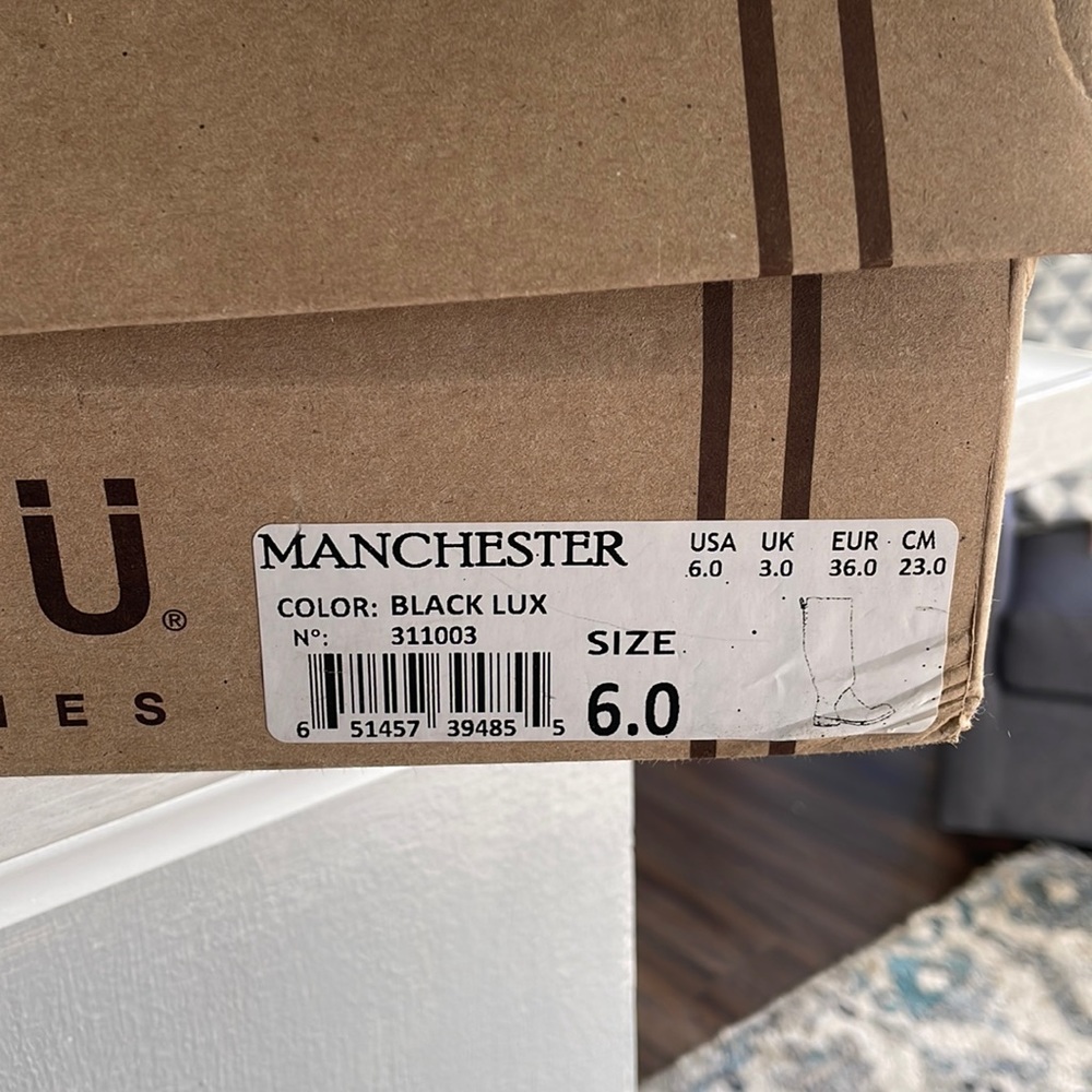 NWT BedStu tall boots Black Lux color (appears dark brown to me) Size 6